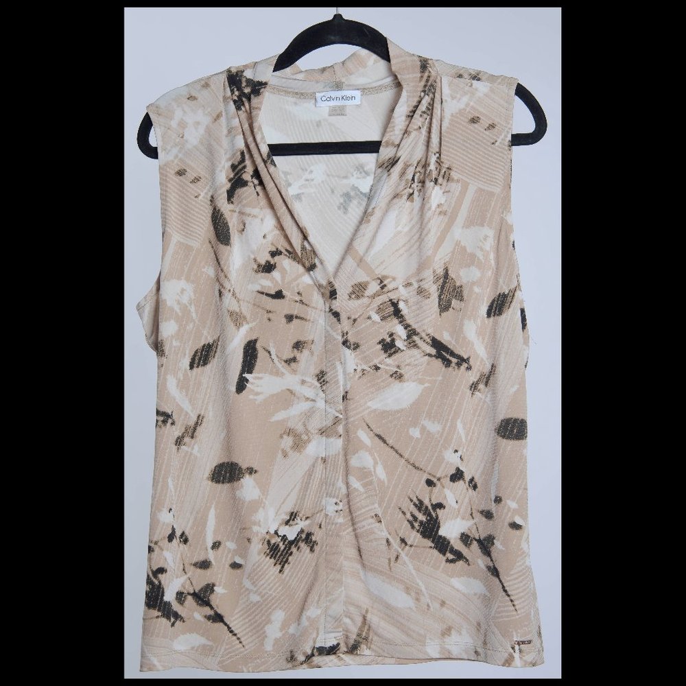 Calvin Klein Womens Beige Floral Vneck Sleeveless Stretch Top XL EUC